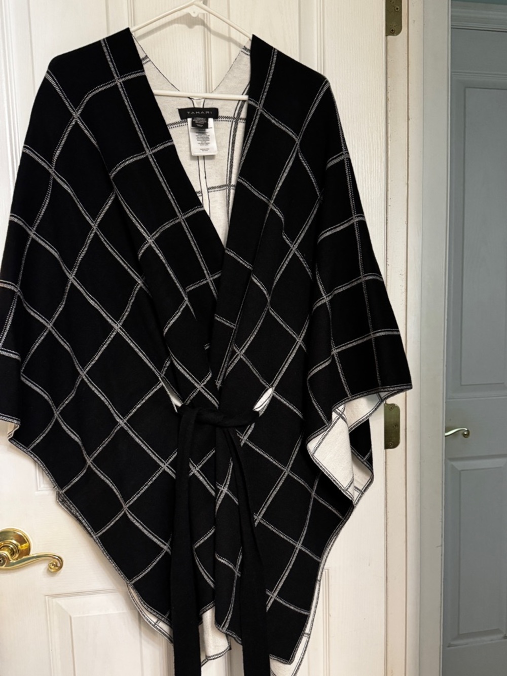 Tahari Black and White Windowpane Wrap Poncho with Tie